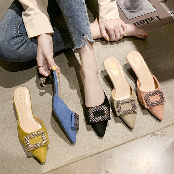 

flock cover toe shoes woman 2020 womens slippers outdoor glitter slides heeled mules fashion thin heels pantofle med soft jelly, Black