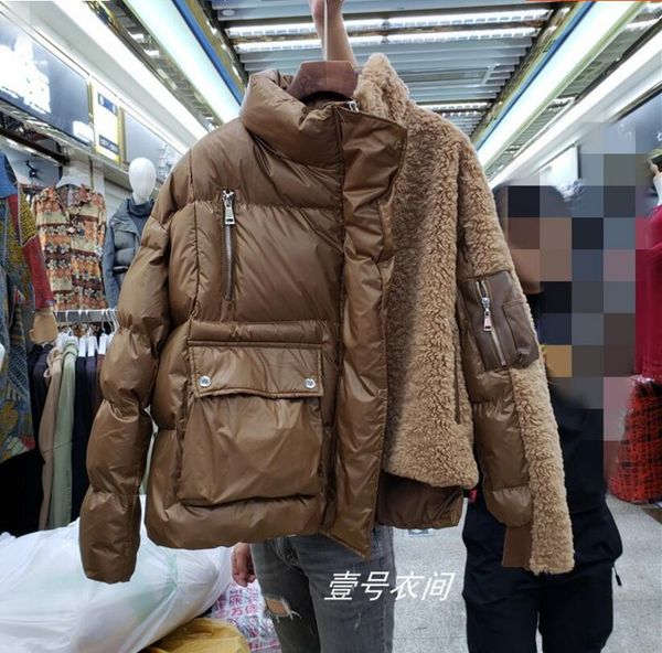 

lamb coat streetwear wool cotton padded winter asymmetric coat warm women short outwear stitching jacket student female parka uestb, Black