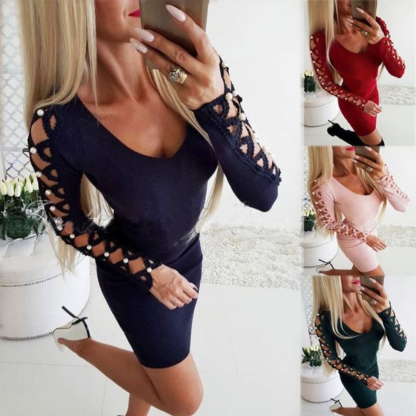 

women long sleeve bodycon dres casual hollow out long sleeve party evening mini dress vestido women clothes, Black;gray