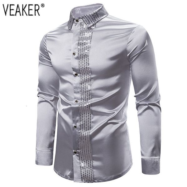

2019 new men's silk satin shiny shirts male slim fit long sleeve sequin patchwork party nightclub wedding shirt s-2xl, White;black