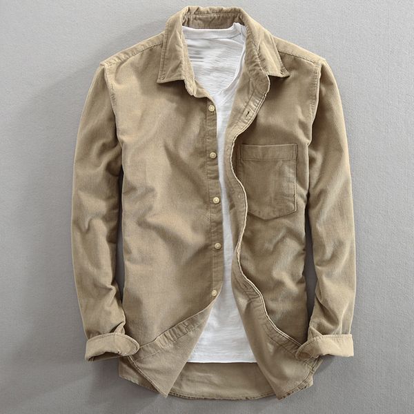 

men fashion shirts casual khaki japan style vintage slim fit corduroy shirt male blue red shirt cloth 2020 spring and autumn new, White;black
