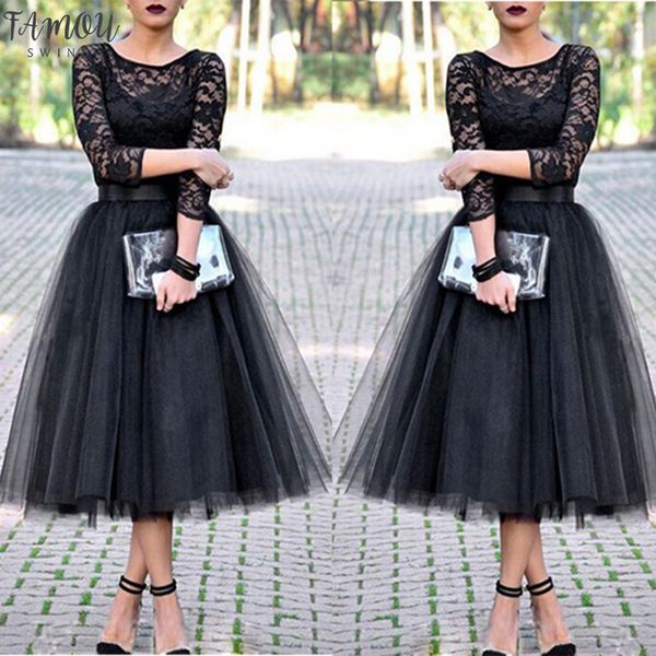 

women lace patchwork ball gown dresses tulle tutu mid-calf dresses elegant party o-neck high waist vestidos summer dress, Black;gray