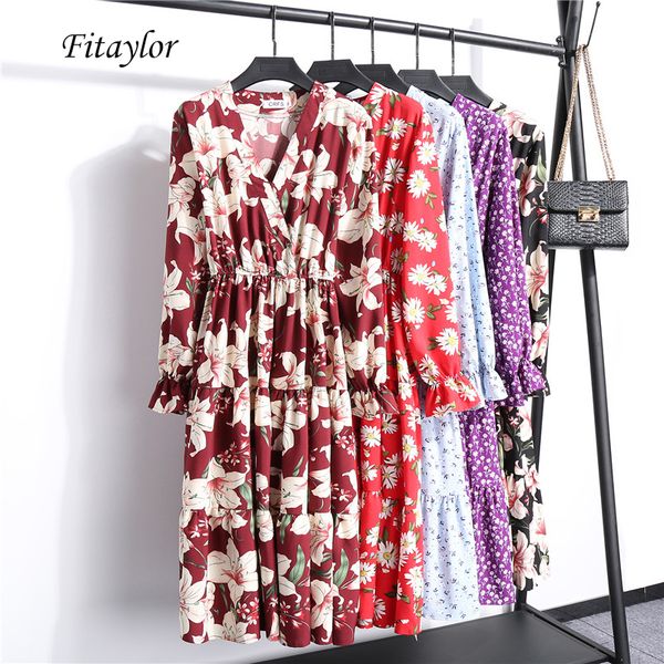 

casual dresses fitaylor 2021 spring vintage floral print long dress women v neck flare sleeve slim ruffled a-line high waist vestidos, Black;gray