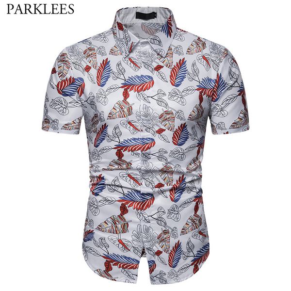 

fashion leaf print hawaiian shirt 2019 summer new short sleeve shirt men brand beach hawaii male camisa social masculina, White;black