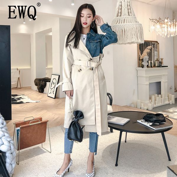 

ewq] 2019 spring winter fashion long sleeve v-collar double breasted denim patchwork casual long loose windbreaker women ac431, Tan;black