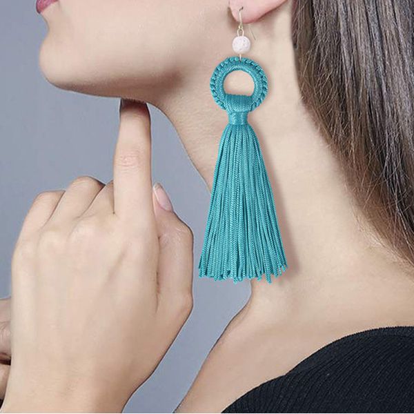 

natural volcanic stone long tassel earrings 14k real gold plated copper dangle & chandelier earrings handmade drop earrings for women, Silver
