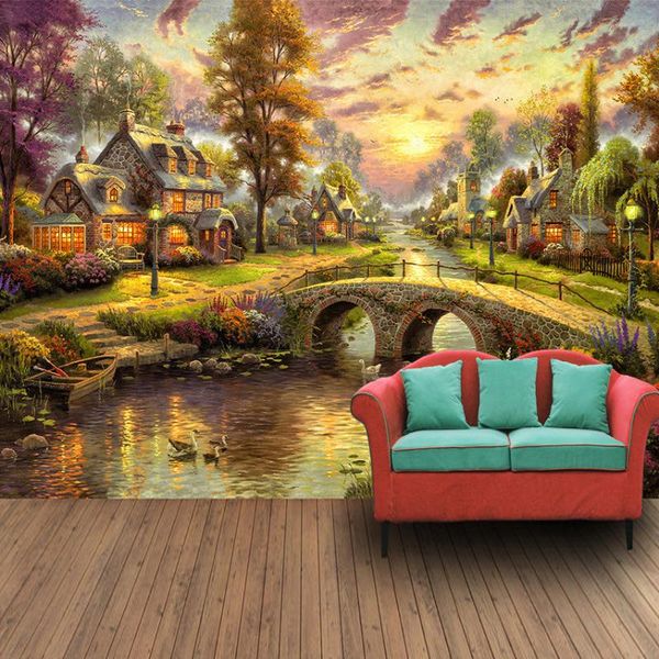 

drop shipping custom 3d mural wallpaper hand painted european style forest hut night view oil painting art wall mural wall paper