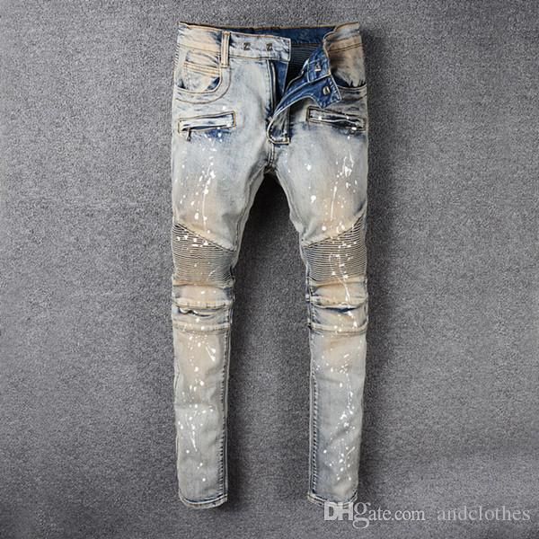 

2020 luxury pants designer jeans men high street trend light paint slim fit motorcycle biker denim jeans hip hop mens jeans size 28-39, Blue