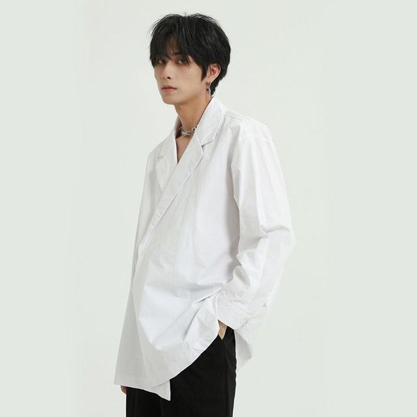 

men single button casual long sleeve suit style shirts male japan harajuku streetwear fashion loose shirt, White;black