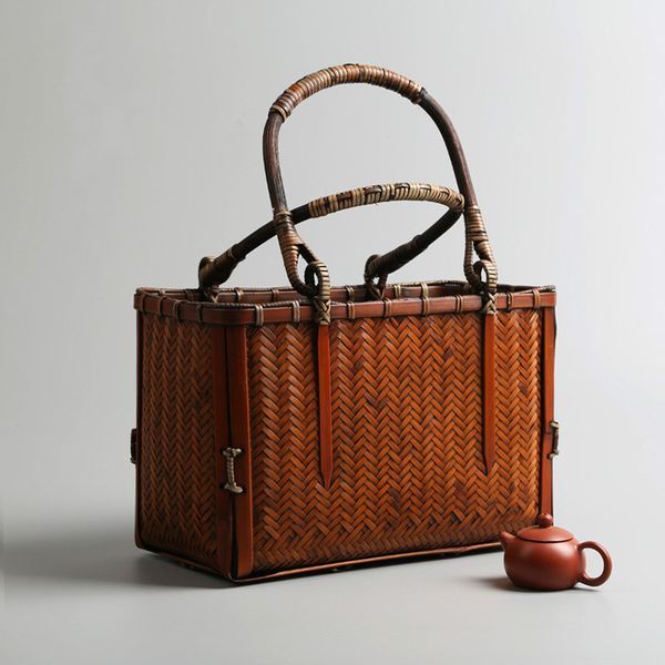

new japanese woven women bamboo handbag with wooden handle box shape female retro beach straw tote clutch wicker hand bag bali