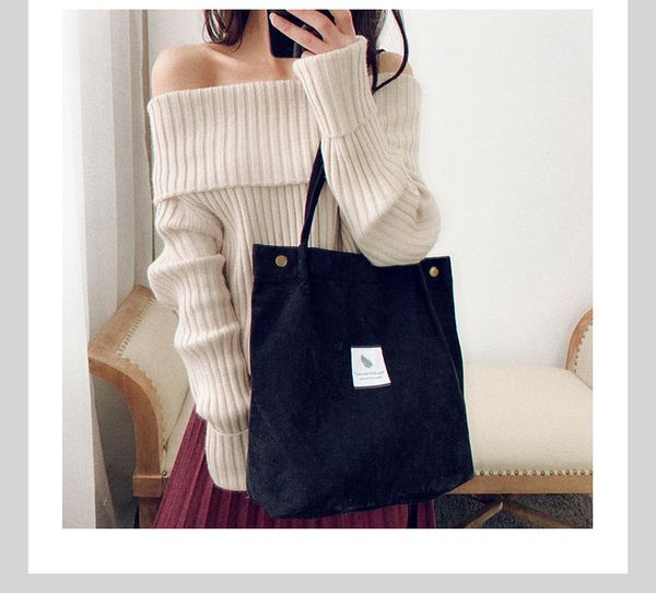 

2019 solid corduroy shoulder bag women reusable shopping bags canvas casual tote female handbag for dropshipping