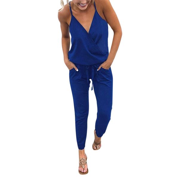 

Summer Romper Chiffon shirt Women Pocket Off Shoulder V Neck Sleeveless Rompers Jumpsuit satin jumpsuit Playsuit for lady 2019