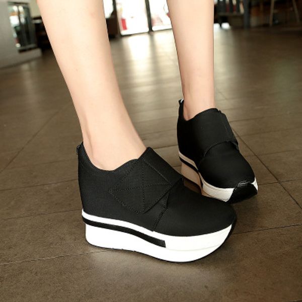 

2019 wedges shoes spring autumn style woman platform vulcanized shoes hidden heel height increasing 9cm, Black