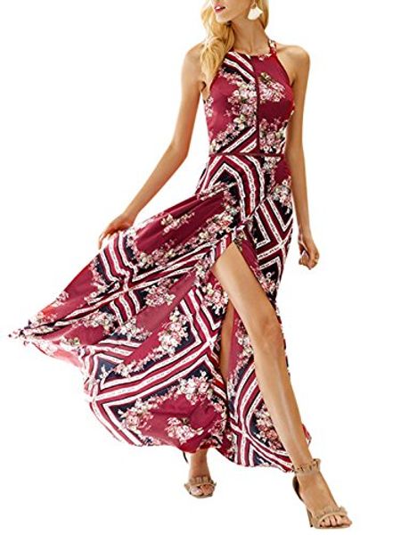 

berrygo women's chic sleeveless backless halter floral print split maxi dress, Black;gray