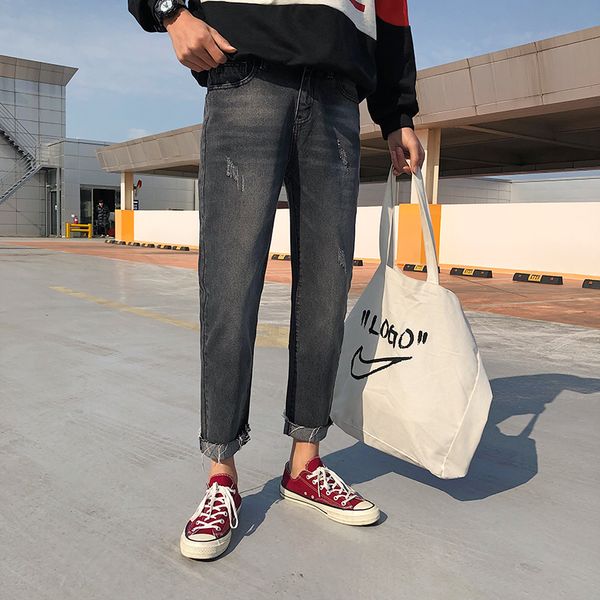 

fugoism 2019 new fashion retro men straight pants stretch tapered-leg cropped jeans solid ankle-length pants men's wear, Blue