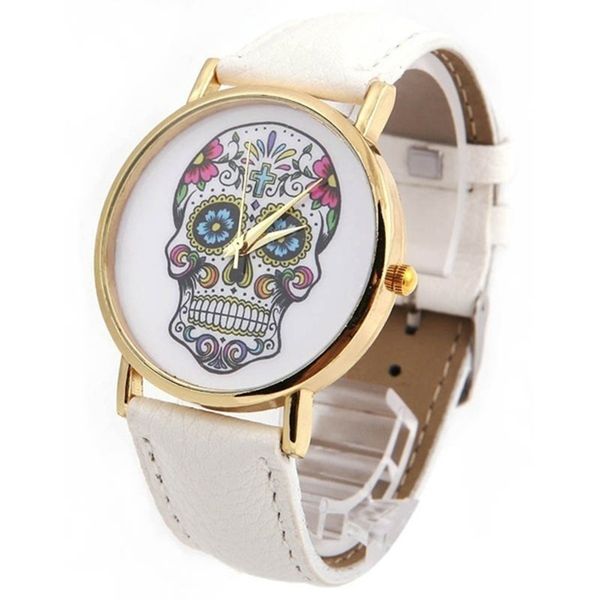 

skull women watch mexican catrina flowers cross pu leather wristwatch girl vintage fashion casual geneva style reloj, Slivery;brown