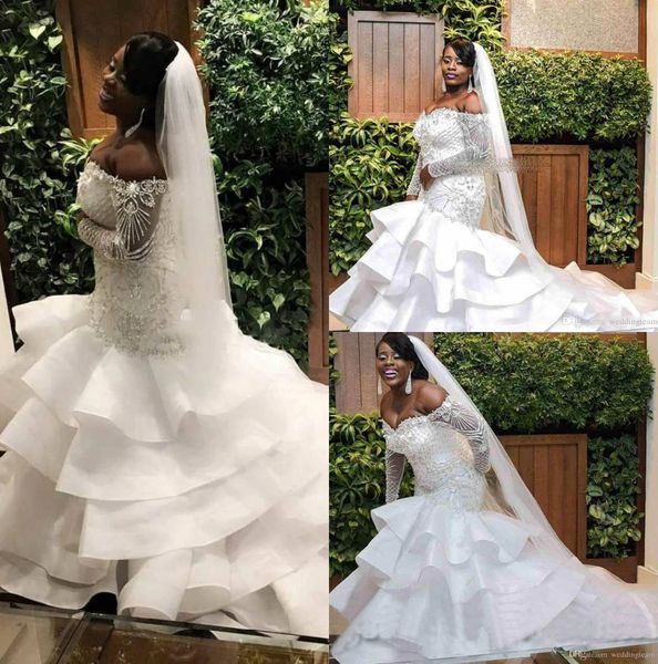 

африканский плюс размер русалка свадебные платья из бисера с плеча многоуровневое длинные рукава свадебные платья часовня поезд труба свадеб, White