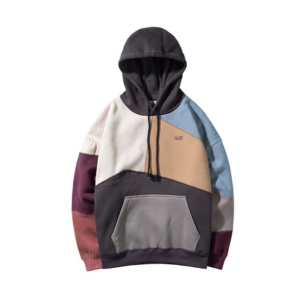 

2019 color block patchwork fleece hoodies mens winter hip hop fashion pullover hooded sweatshirts men hoodie streetwear, Black