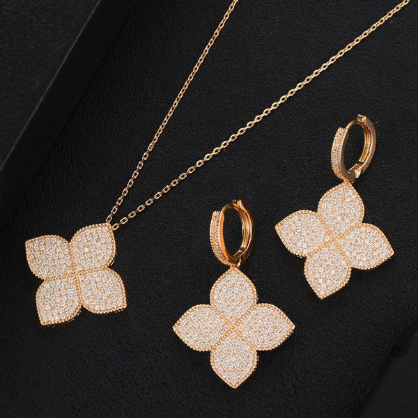 

godki lucky flower necklace earring set jewelry set for women wedding party full cubic zircon dubai bridal jewelry 2020, Silver