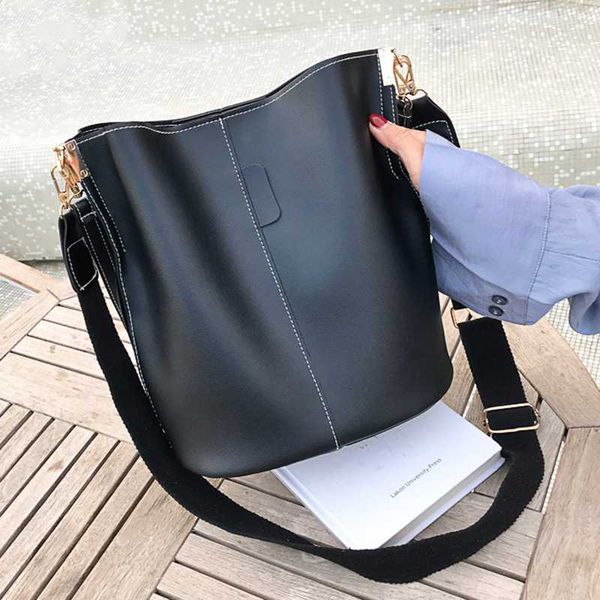 

swdf messenger bag women bucket shoulder bag large capacity vintage pu leather ladies handbag bolsos mujer black