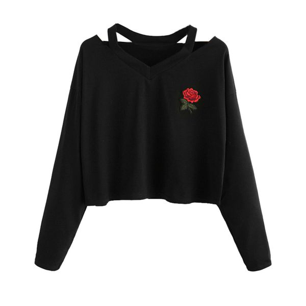 

fashion womens autumn winter long sleeve sweatshirt rose print v-neck sweatshirt causal blouse, Black