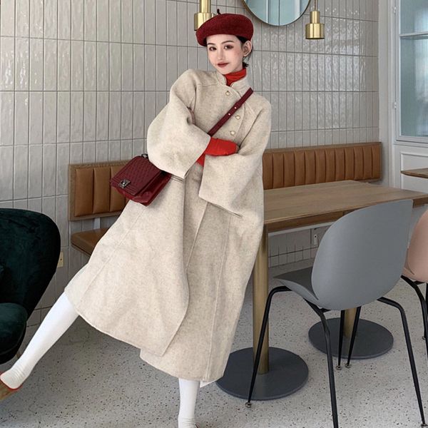 

plus size casaco feminino inverno stand collar windbreaker women retro fashion loose long section long sleeve woolen coat female, Black