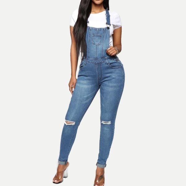 

2020 fashion new high waist jeans women's pocket jean leggings hole splice trouser rompers pant bib pants jeans mujer #25, Blue