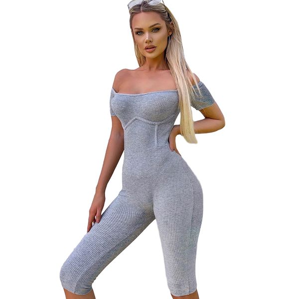 

women off shoulder rompers summer knitting slim playsuits solid gray female elastic hight outfit casual skinny streetwear, Black;white