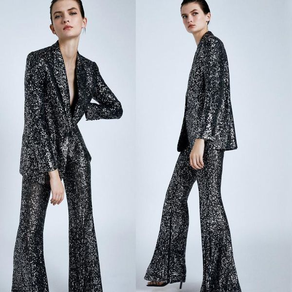 

2020 suits women two piece set sequined shiny bright blazer&sequined pants bell-bottomed female woman party club clothes date, White