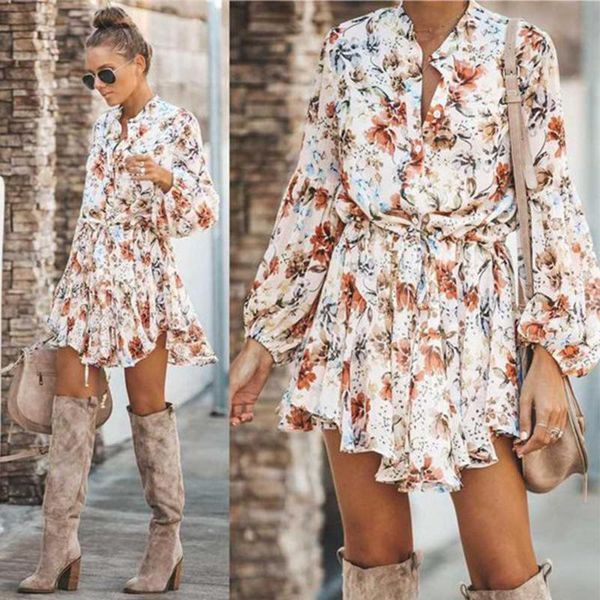 

casual dresses v neck women fashion print floral dress long sleeve, Black;gray