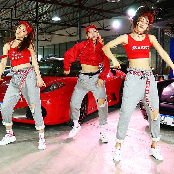 

sexyÂ stageÂ costumeÂ women red jeans nightclub dj ds lady cheerleading street dance performance clothing female wears dt1040, Black;red