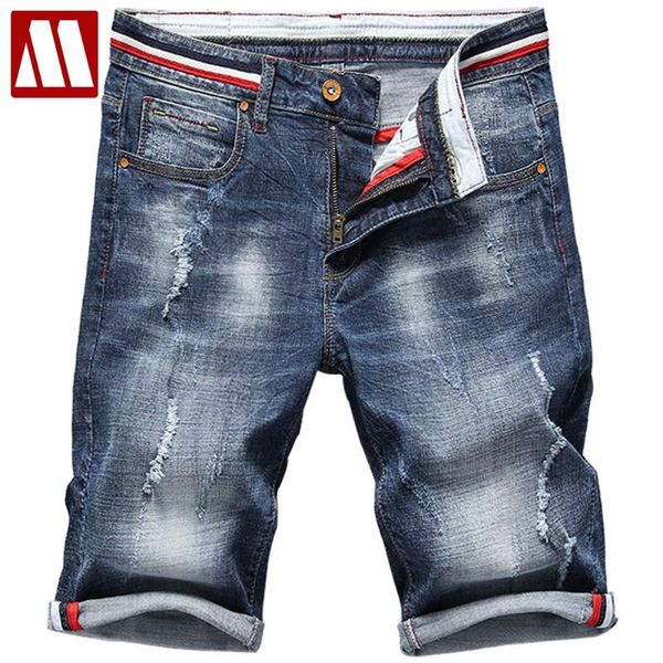 

man's flexible denim shorts for summer men cotton holes short jeans new fashion male knee length blue short jeans plus size 40