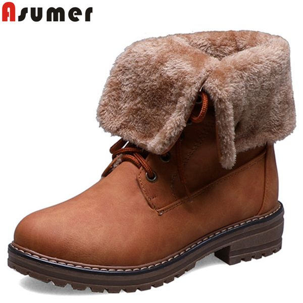 

asumer big size 34-43 new winter boots women round toe lace up square heels ladies shoes keep warm ankle boots for women, Black