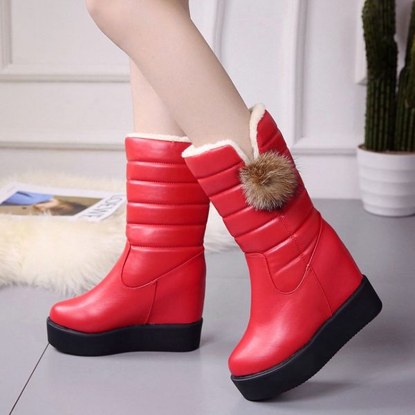 

boots ball leather boots platform mid calf snow winter female shoes plus size 35-40 botas mujer zapatos de mujer, Black