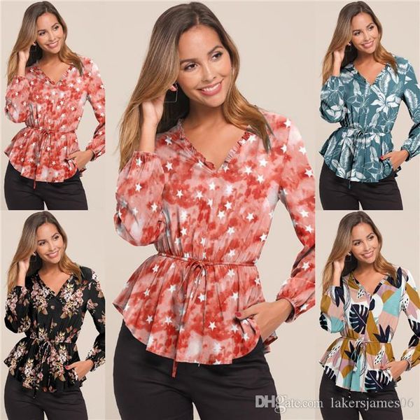 

womens spring designer print v neck ruffled long sleeved waist print blouse fashion clothing, White
