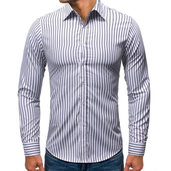

men's european size autumn/winter new single-breasted lapel slim long-sleeved shirt business stripe casual long-sleeved shirt, White;black