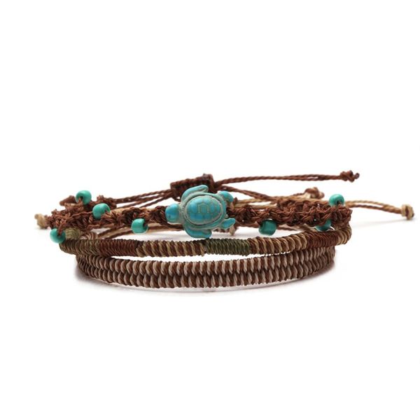 

boho stack 3pcs hand knotted bracelet chic brown waterproof wax string handcrafted us sea turtle beach surf bracelets gift, Golden;silver