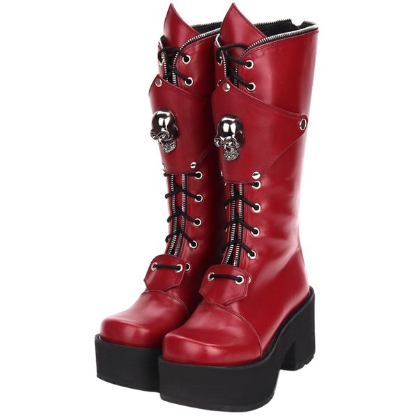 

fashion winter women high heels platform lolita boots zipper skull punk muffin shoes female large size gothic high boots, Black