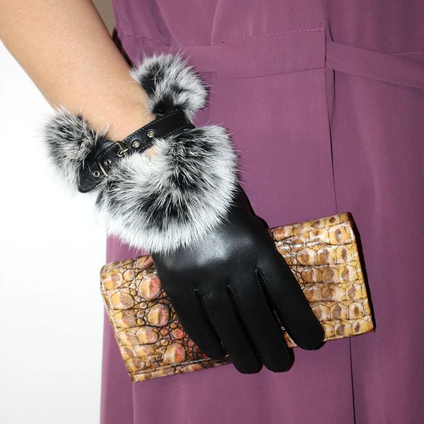 

leather gloves women' black sheepskin gloves fashion 2019 new fur style autumn and winter plus velvet warm ladies drive, Blue;gray