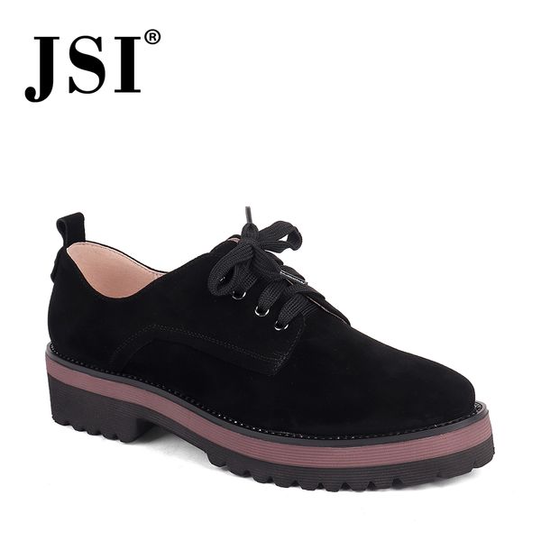 

jsi women flats kid suede round toe lace-up solid ladies shoes shallow soft spring autumn loafers women shoes jc223, Black