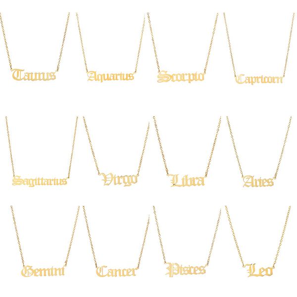 

stainless steel old english font jewelry virgo necklace women men 12 zodiac letter constellations pendants necklace wholesale, Silver