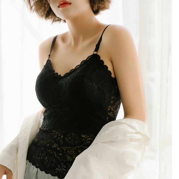 

lace floral vest wireless bralette seamless deep v-neck lace women padded one-piece underwear camisoles dropshipping, Black;white
