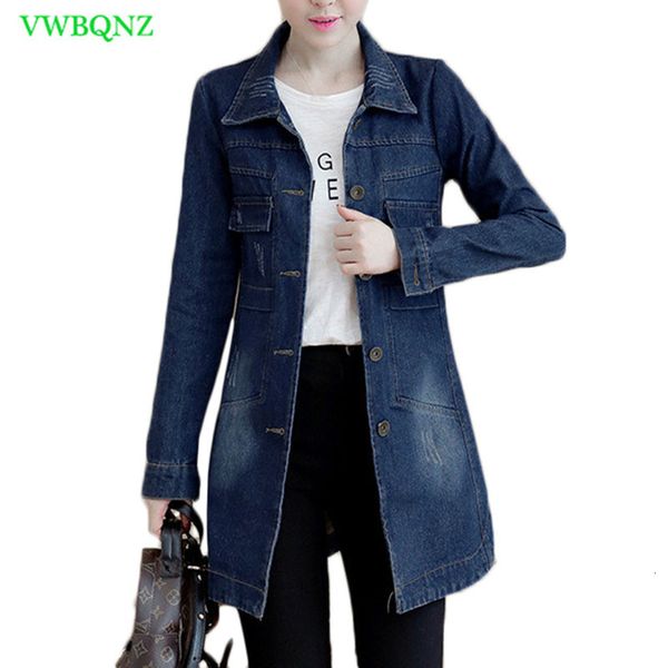 Sonbahar Kış Kore Denim Ceket Kadınlar Ince Uzun Baz Coat kadın Yıpranmış Donanma Mavi Artı Boyutu Kot Ceketler Mont Cool 5XL A364 CJ191206