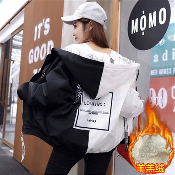 

2019 new fashion harajuku bf lovers hooded contrast color patch lamb cotton coat loose korean baseball uniform jackets x375, Black;brown