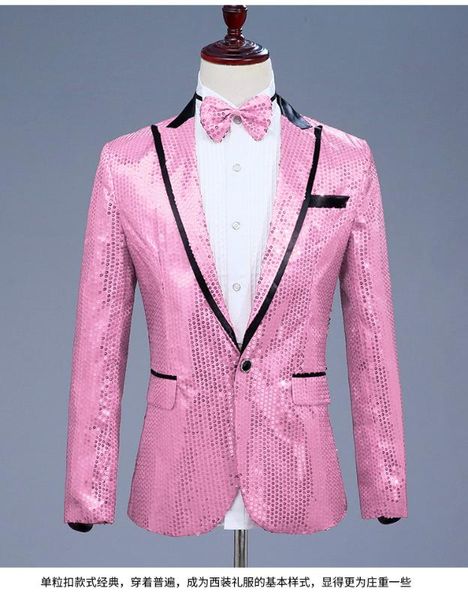

pink sequin one button dress blazers 2020 brand new nightclub prom men suit jacket wedding stage singer costume (bowtie include, White;black