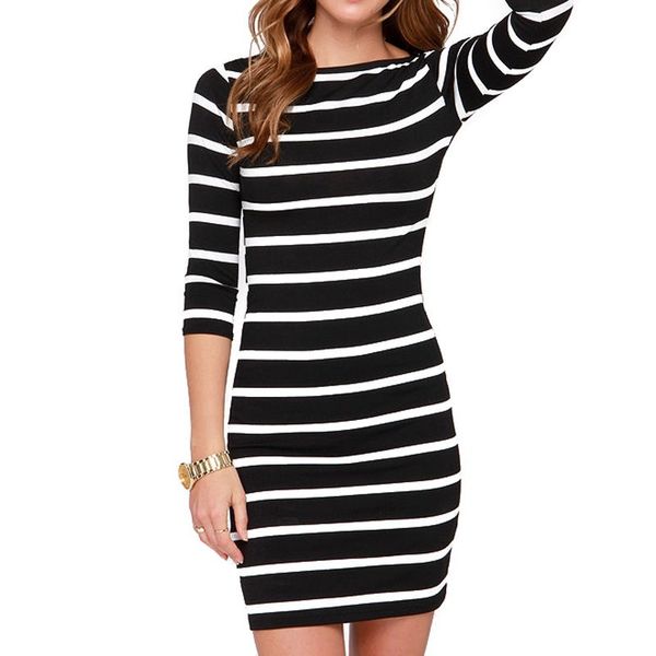 

woman clothes long dress lyq61 new spring summer round neck fashion black and white striped long sleeve straight plus size casual dress, Black;gray