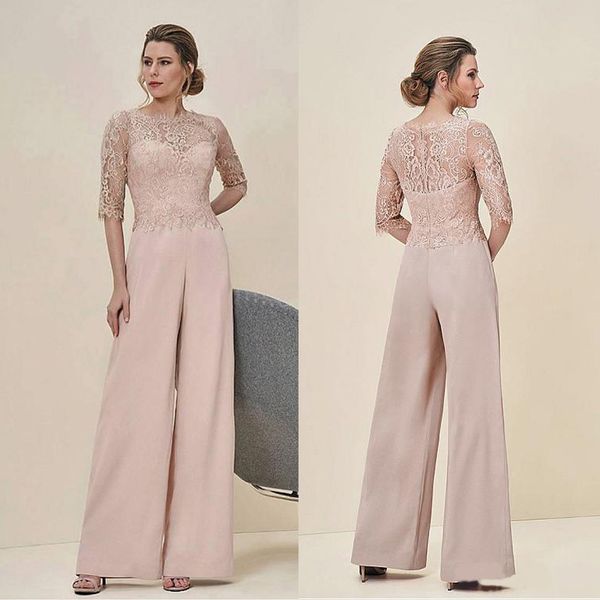 Tute in pizzo madre della sposa tailleur pantalone collo a barchetta mezze maniche abito da ospite di matrimonio in chiffon taglie forti abiti da sposo per la mamma295Q