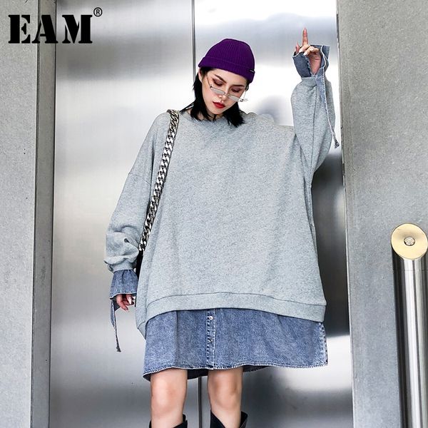 

eam] women gray denim oversized sweatshirt dress new round neck long sleeve loose fit fashion tide spring autumn 2019 19a-a5, Black;gray