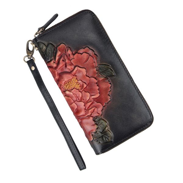 

fashion embossed new ladies wallet female long section hand-brushed wallet large capacity cowhide leather female hand bag, Red;black