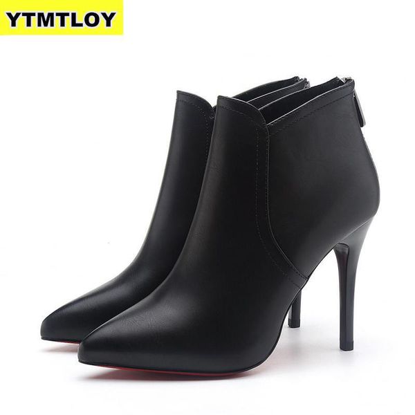 

2019 new women ankle pu leather zipper booties high heels autumn shoes black winter boots zapatos de mujer pointed toe mx200324